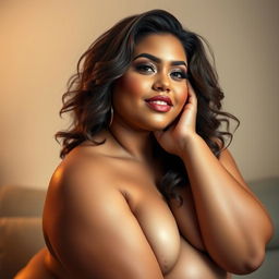 A voluptuous BBW woman with an alluring and seductive look, confidently posing nude