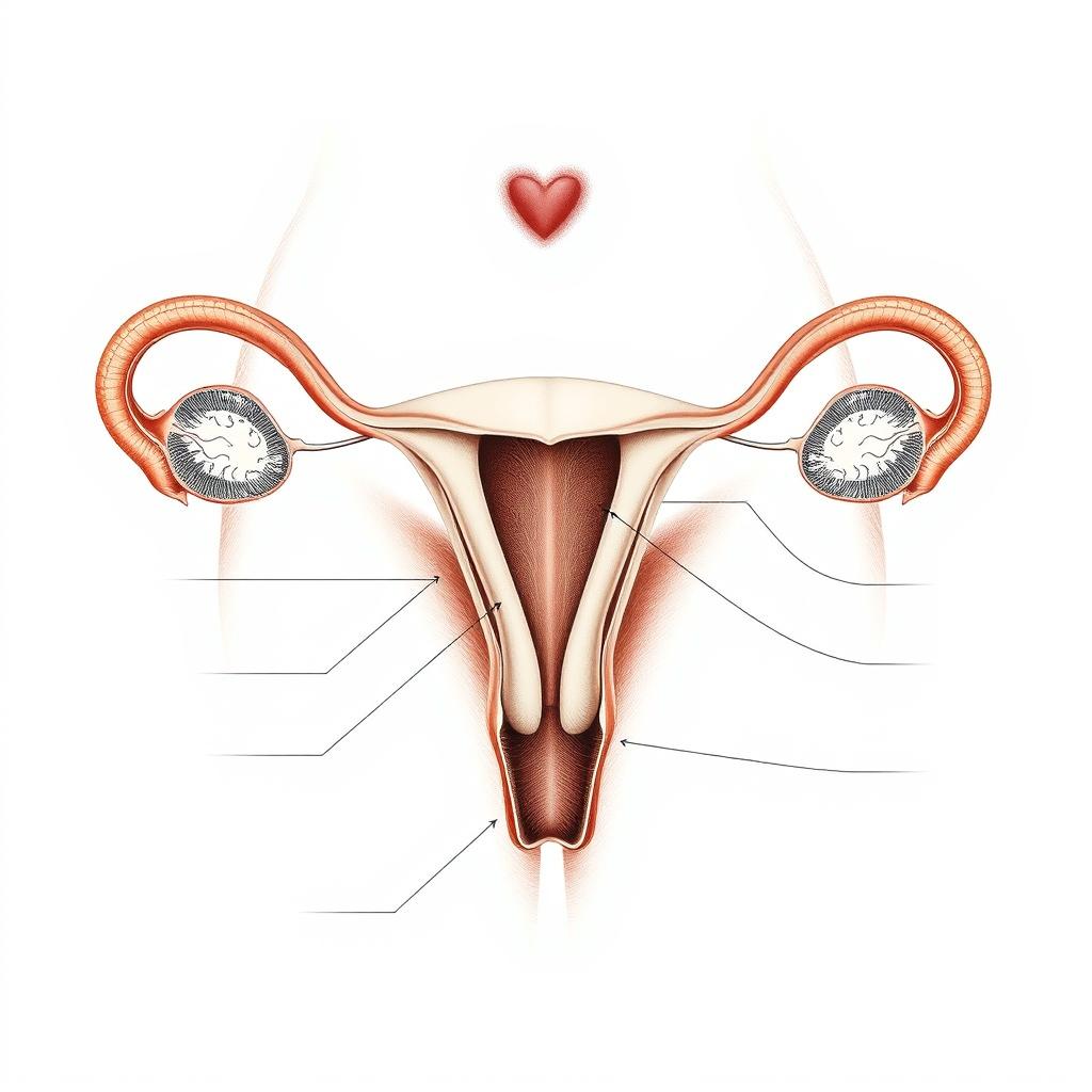 A detailed, anatomical illustration of the female reproductive system, showcasing the uterus, fallopian tubes, and ovaries with a focus on medical accuracy and educational value