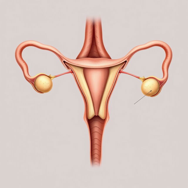 A detailed, anatomical illustration of the female reproductive system, showcasing the uterus, fallopian tubes, and ovaries with a focus on medical accuracy and educational value