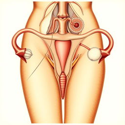 A detailed, anatomical illustration of the female reproductive system, showcasing the uterus, fallopian tubes, and ovaries with a focus on medical accuracy and educational value