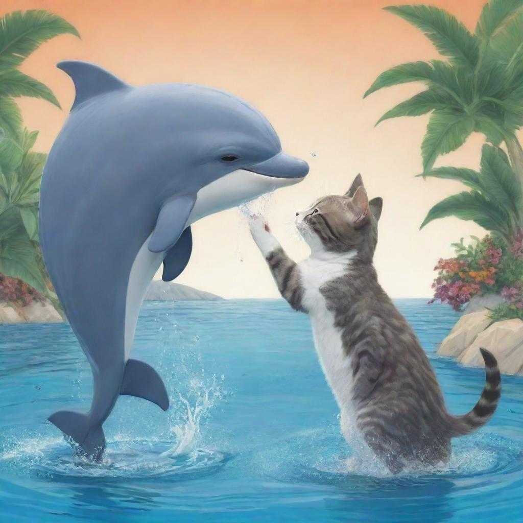 Illustration of a charming and unique story where a cat falls in love with a dolphin