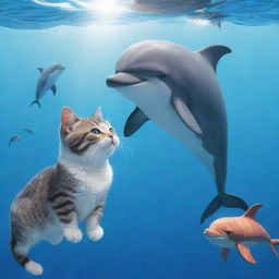 Illustration of a charming and unique story where a cat falls in love with a dolphin