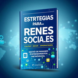 An attractive and modern e-book cover featuring the title 'Estrategias para Redes Sociales', 'Gestión de Community Manager' and 'Emprendimientos Networking'