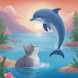 Illustration of a charming and unique story where a cat falls in love with a dolphin