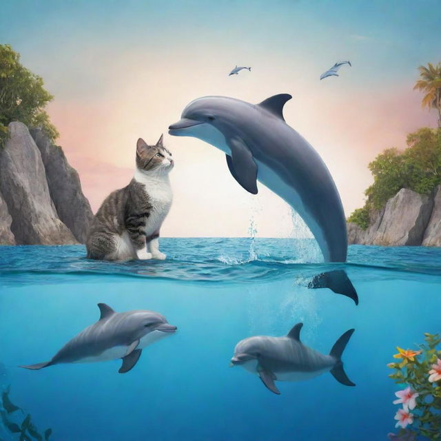 Illustration of a charming and unique story where a cat falls in love with a dolphin