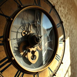 A close-up of a vintage wall clock with Roman numerals, featuring intricate, tarnished brass details