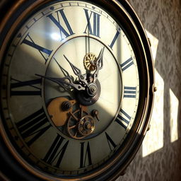 A close-up of a vintage wall clock with Roman numerals, featuring intricate, tarnished brass details