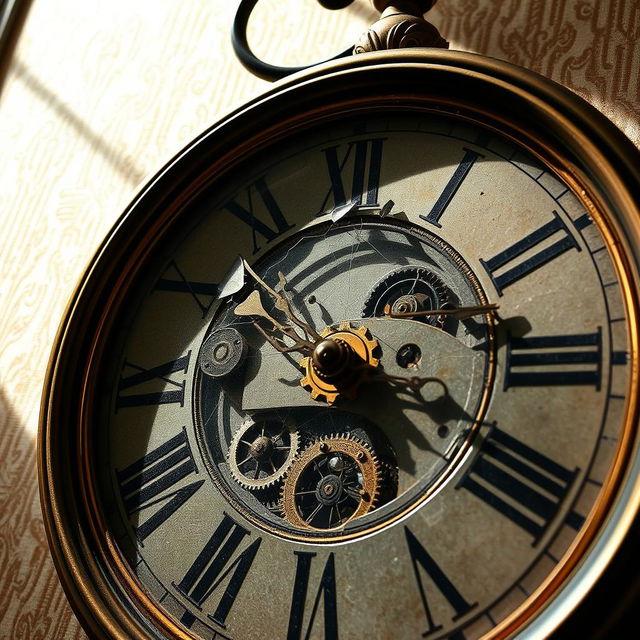 A close-up of a vintage wall clock with Roman numerals, featuring intricate, tarnished brass details