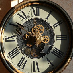 A close-up of a vintage wall clock with Roman numerals, featuring intricate, tarnished brass details