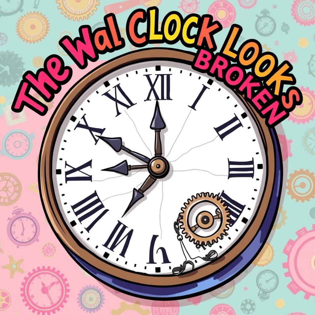 A colorful and whimsical cartoon illustration of a vintage wall clock designed as a novel cover