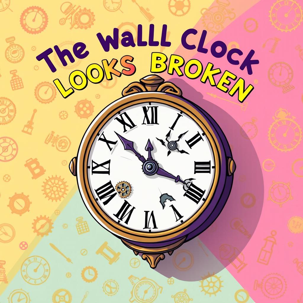 A colorful and whimsical cartoon illustration of a vintage wall clock designed as a novel cover