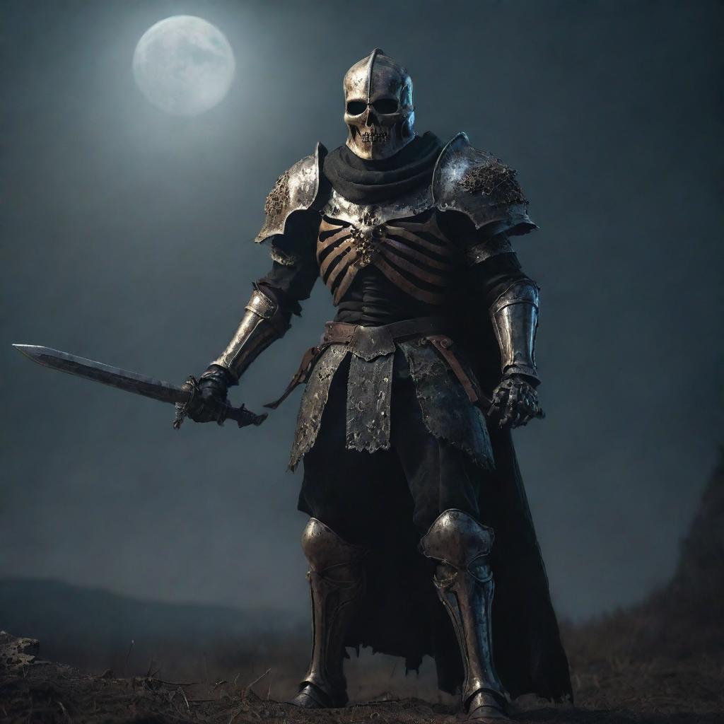 A menacing skeleton knight in full armor, brandishing a rusty, battle-worn sword while standing gallantly in an eerie moonlit medieval battlefield.