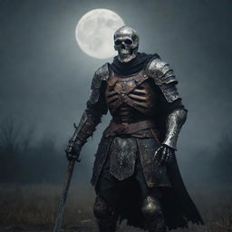 A menacing skeleton knight in full armor, brandishing a rusty, battle-worn sword while standing gallantly in an eerie moonlit medieval battlefield.