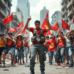 In a futuristic setting of a crumbling urban cityscape, a group of far-left communist radicals stand united with the sectarian communists of the PAP