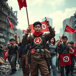 In a futuristic setting of a crumbling urban cityscape, a group of far-left communist radicals stand united with the sectarian communists of the PAP