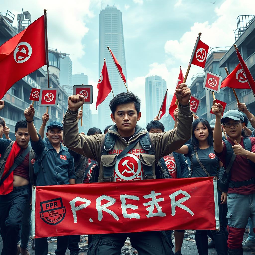 In a futuristic setting of a crumbling urban cityscape, a group of far-left communist radicals stand united with the sectarian communists of the PAP