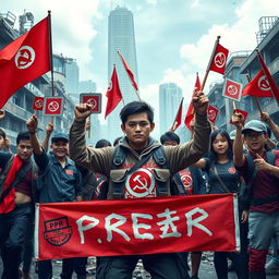 In a futuristic setting of a crumbling urban cityscape, a group of far-left communist radicals stand united with the sectarian communists of the PAP