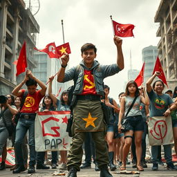 In a futuristic setting of a crumbling urban cityscape, a group of far-left communist radicals stand united with the sectarian communists of the PAP