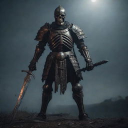 A menacing skeleton knight in full armor, brandishing a rusty, battle-worn sword while standing gallantly in an eerie moonlit medieval battlefield.