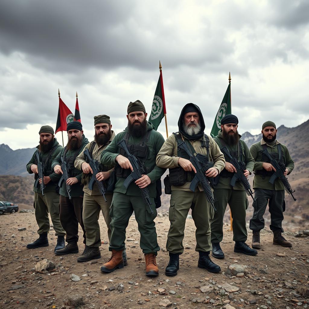 In a desolate mountainous region, a group of Chechen radicals stand in formation