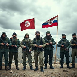 In a desolate mountainous region, a group of Chechen radicals stand in formation