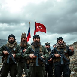 In a desolate mountainous region, a group of Chechen radicals stand in formation