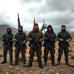 In a desolate mountainous region, a group of Chechen radicals stand in formation