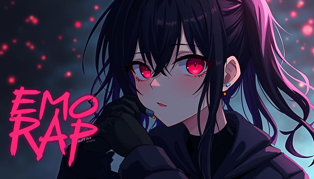 An anime-inspired Spotify playlist cover featuring the title "emo rap" in bold, edgy font