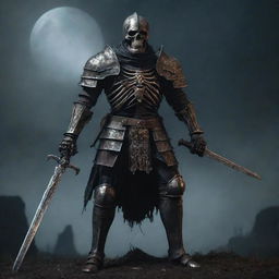 A menacing skeleton knight in full armor, brandishing a rusty, battle-worn sword while standing gallantly in an eerie moonlit medieval battlefield.