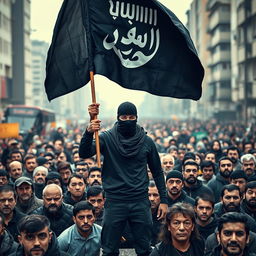 A scene depicting an intense and charged moment where an Islam radical man, wearing a balaclava, stands prominently holding a black jihadi flag