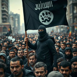 A scene depicting an intense and charged moment where an Islam radical man, wearing a balaclava, stands prominently holding a black jihadi flag