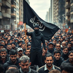 A scene depicting an intense and charged moment where an Islam radical man, wearing a balaclava, stands prominently holding a black jihadi flag