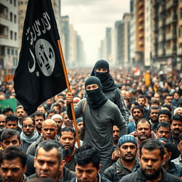 A scene depicting an intense and charged moment where an Islam radical man, wearing a balaclava, stands prominently holding a black jihadi flag