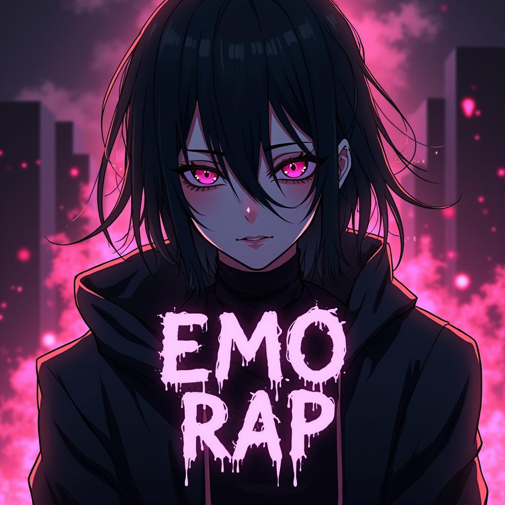 An anime-inspired Spotify playlist cover highlighting the title "emo rap" in a bold, edgy font