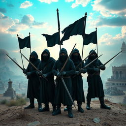 A surreal and otherworldly landscape depicting a group of radical figures in mysterious balaclavas, wielding traditional sabers in a striking pose