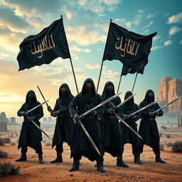 A surreal and otherworldly landscape depicting a group of radical figures in mysterious balaclavas, wielding traditional sabers in a striking pose