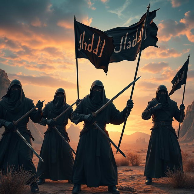 A surreal and otherworldly landscape depicting a group of radical figures in mysterious balaclavas, wielding traditional sabers in a striking pose