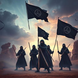 A surreal and otherworldly landscape depicting a group of radical figures in mysterious balaclavas, wielding traditional sabers in a striking pose