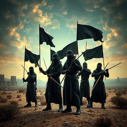 A surreal and otherworldly landscape depicting a group of radical figures in mysterious balaclavas, wielding traditional sabers in a striking pose