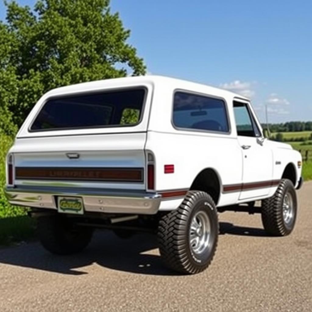 A classic white 1970 Chevrolet Blazer, displayed in a vintage setting