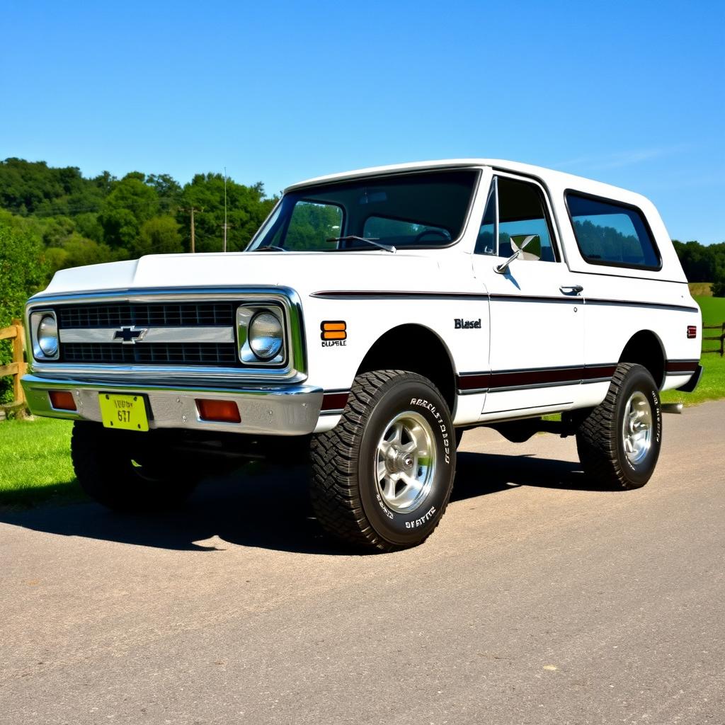 A classic white 1970 Chevrolet Blazer, displayed in a vintage setting