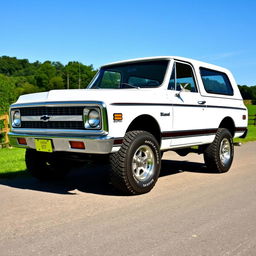 A classic white 1970 Chevrolet Blazer, displayed in a vintage setting