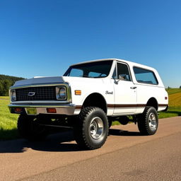 A classic white 1970 Chevrolet Blazer, displayed in a vintage setting