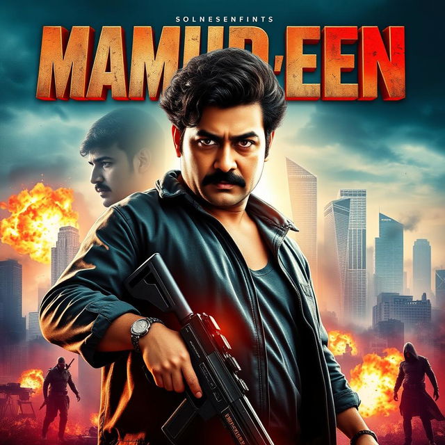 action movie poster for a film titled "Mamudeen" featuring the main character with a round face, curly hair, and a mustache