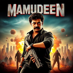 action movie poster for a film titled "Mamudeen" featuring the main character with a round face, curly hair, and a mustache