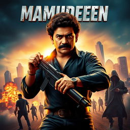 action movie poster for a film titled "Mamudeen" featuring the main character with a round face, curly hair, and a mustache