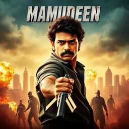 action movie poster for a film titled "Mamudeen" featuring the main character with a round face, curly hair, and a mustache