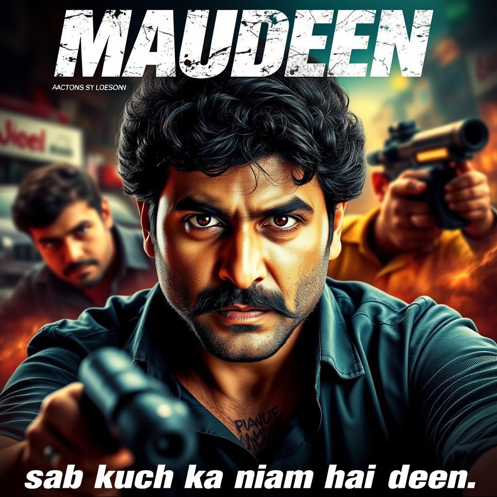 Action movie poster for "Mamudeen" featuring an Indian man as the main character