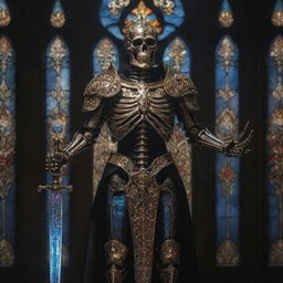 A skeleton clad in shining, ornate paladin armor, wielding a holy sword glowing with radiant energy. Set against a dark, gothic backdrop with ethereal light filtering through a stained glass window.