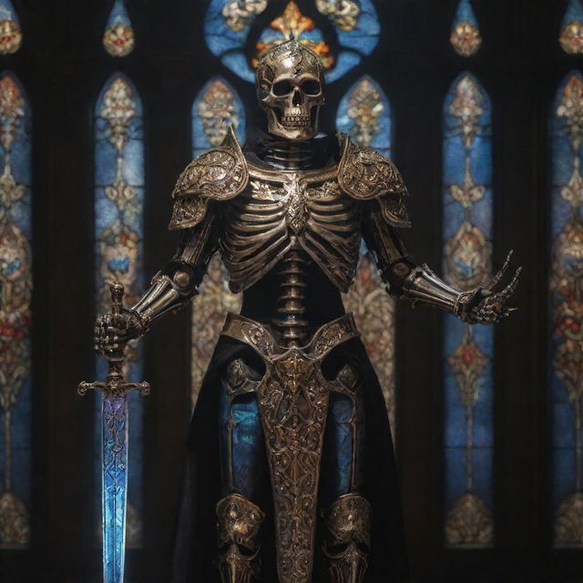 A skeleton clad in shining, ornate paladin armor, wielding a holy sword glowing with radiant energy. Set against a dark, gothic backdrop with ethereal light filtering through a stained glass window.